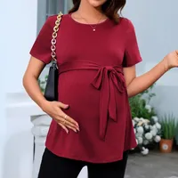 Women's Round-Neck Short Sleeve Top Belt Solid Color Maternity T-shirt main image 1