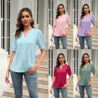Summer Casual V-neck Solid Color Hollow Puff Sleeve Loose T-shirt main image 1