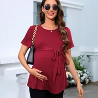 Women's Round-Neck Short Sleeve Top Belt Solid Color Maternity T-shirt main image 2
