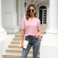 Summer Casual V-neck Solid Color Hollow Puff Sleeve Loose T-shirt main image 2