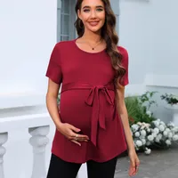 Women's Round-Neck Short Sleeve Top Belt Solid Color Maternity T-shirt main image 3