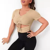 Sexy Sweet And Spicy Style V-neck Knitted T-shirt Lace-up Navel-Exposed Design Short Sleeve Top main image 2