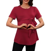 Women's Round-Neck Short Sleeve Top Belt Solid Color Maternity T-shirt main image 5