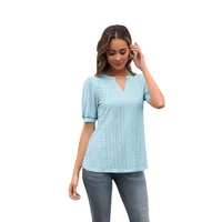 Summer Casual V-neck Solid Color Hollow Puff Sleeve Loose T-shirt main image 5