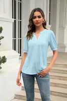 Summer Casual V-neck Solid Color Hollow Puff Sleeve Loose T-shirt sku image 1