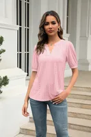 Summer Casual V-neck Solid Color Hollow Puff Sleeve Loose T-shirt sku image 6