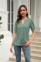 Summer Casual V-neck Solid Color Hollow Puff Sleeve Loose T-shirt sku image 20