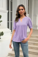 Summer Casual V-neck Solid Color Hollow Puff Sleeve Loose T-shirt sku image 23