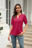 Summer Casual V-neck Solid Color Hollow Puff Sleeve Loose T-shirt sku image 11
