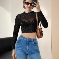 Spring And Summer New Women's Stand-up Collar Long-Sleeved Mesh Transparent Sequined Decorative T-shirt Top main image 1