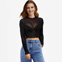 Spring And Summer New Women's Stand-up Collar Long-Sleeved Mesh Transparent Sequined Decorative T-shirt Top main image 3