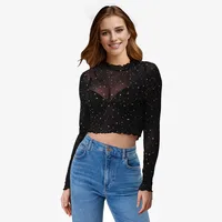 Spring And Summer New Women's Stand-up Collar Long-Sleeved Mesh Transparent Sequined Decorative T-shirt Top main image 4