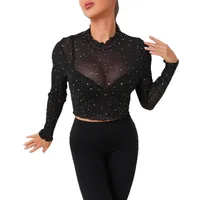 Spring And Summer New Women's Stand-up Collar Long-Sleeved Mesh Transparent Sequined Decorative T-shirt Top main image 5