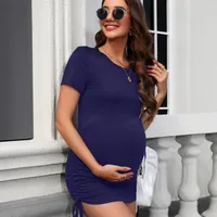 Pregnant Women Solid Color Dress Soft Elastic Spring And Summer Short Sleeves V-neck Side Drawstring Slim-Fit Jumpsuit main image 3