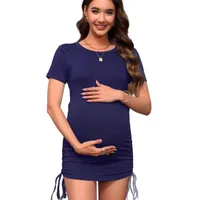 Pregnant Women Solid Color Dress Soft Elastic Spring And Summer Short Sleeves V-neck Side Drawstring Slim-Fit Jumpsuit main image 5