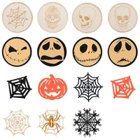 Halloween Ghost Festival Pumpkin Felt Coaster Spider Web Skull Wooden Carved Heat Insulation Decorative Coaster main image 1