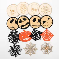 Halloween Ghost Festival Pumpkin Felt Coaster Spider Web Skull Wooden Carved Heat Insulation Decorative Coaster main image 5