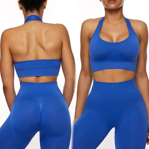 sports solid color chemical fiber blend halter neck tracksuit vest leggings