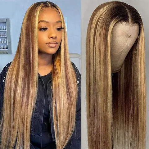 Women's Fashion Light Brown Weekend Party Street High Temperature Wire Centre Parting Long Straight Hair Wigs