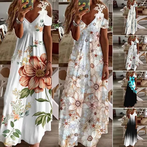fashion flower v neck short sleeve printing polyester maxi long dress a-line skirt