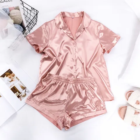 Women's Casual Solid Color Polyester Satin Shorts Sets