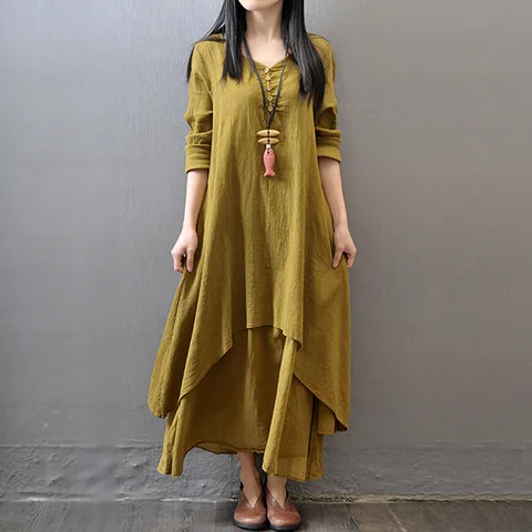 women's a-line skirt simple style v neck patchwork long sleeve solid color maxi long dress daily