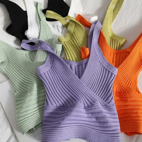 Women's Vest Tank Tops Patchwork Washed Knitted Sexy Solid Color