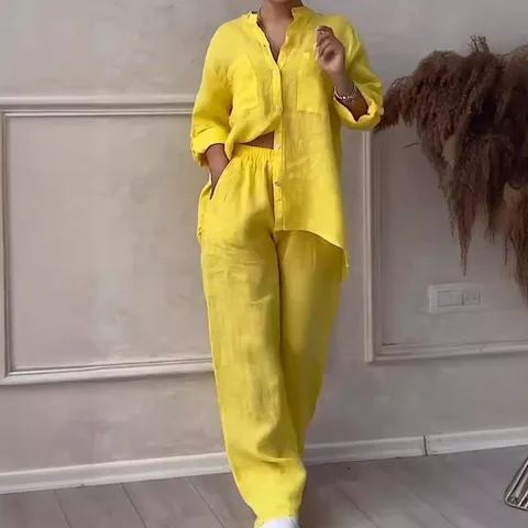 Holiday Daily Women's Casual Solid Color Linen Pocket Pants Sets Pants Sets