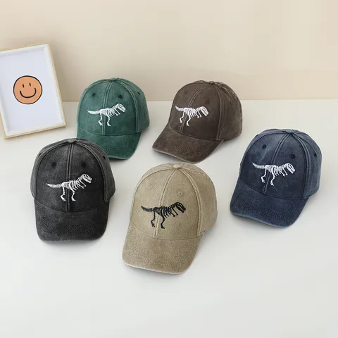 Children's Hat Spring And Autumn Fashion Embroidered Washed Peaked Cap Korean New Retro Cartoon Dinosaur Baseball Cap