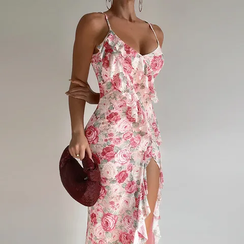 Women's Sheath Dress Elegant Strap Slit Dress Sleeveless Flower Maxi Long Dress Holiday