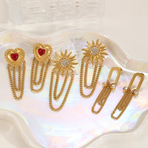 1 Pair Casual Elegant U Shape Sun Heart Shape Inlay 304 Stainless Steel Zircon 18K Gold Plated Drop Earrings
