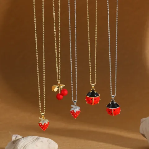 Cute Classic Style Cherry Beetles Strawberry Copper Zircon 14K Gold Plated Women's Pendant Necklace
