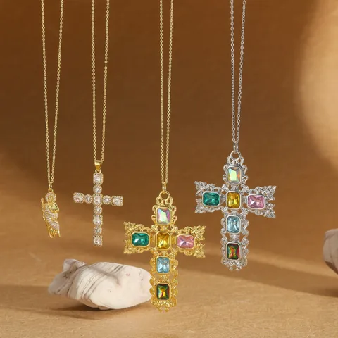 Retro Classic Style Cross Copper Zircon 14K Gold Plated Women's Pendant Necklace