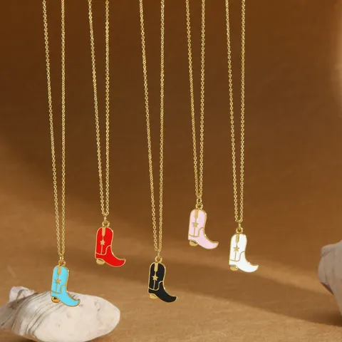Retro Cowboy Style Boots Copper Enamel 14K Gold Plated Women's Pendant Necklace