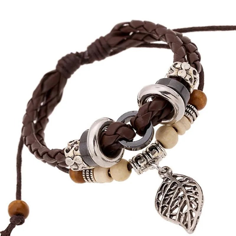 Korean Version Of Imitation Cowhide Bracelet Simple Wild Alloy Leaf Pendant Woven Leather Bracelet