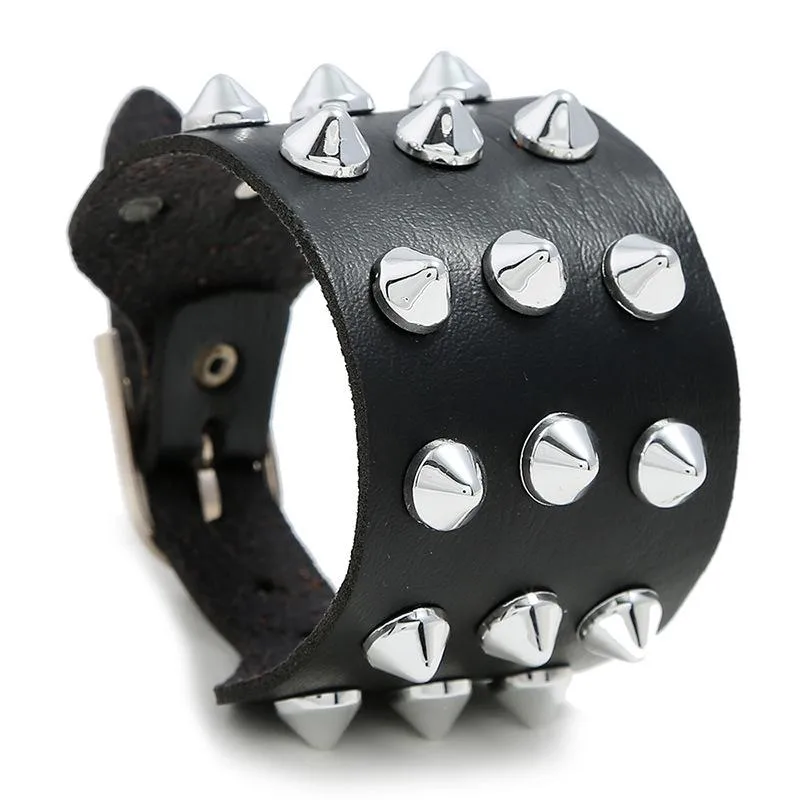 Exaggerated Men's Imitation Leather Bracelet Punk Non-mainstream Three-row Spiked  Bracelet Jewelry