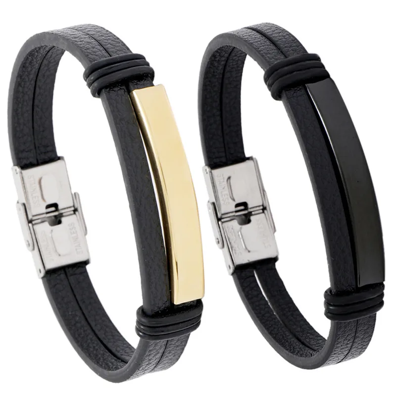 Simple Smooth Stainless Steel Men's Leather Bracelet