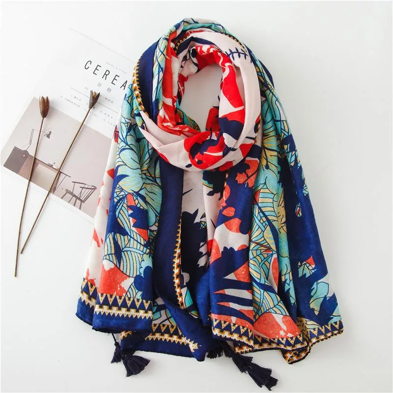 Sun Shawl Women Summer National Style Cotton And Linen Silk Scarf Printing Tassel Tulle Travel Beach Towel Sunshade Scarf