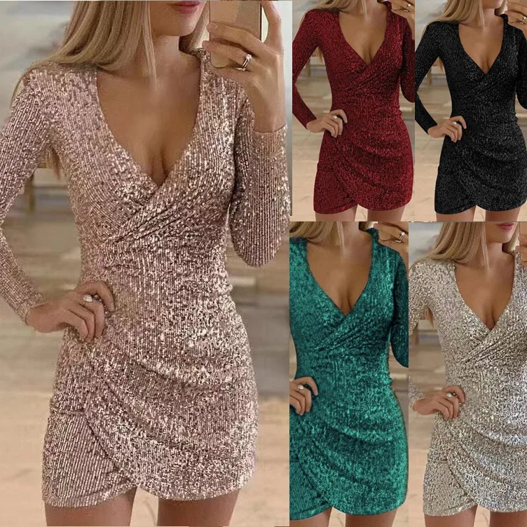 Women's Party Dress Fashion Commute V Neck Long Sleeve Glittery Above Knee Date Festival