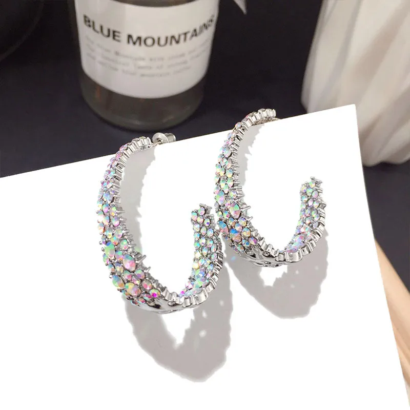 Korean New Loop Earrings Full Diamond Fashion Super Flash Silver Needle Earrings Wholesale Nihaowholesale