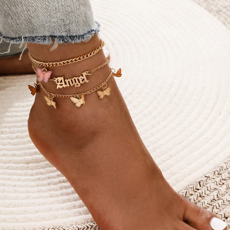 Simple Sweet Acrylic Butterfly Angel Angel Pendant Flower Butterfly Tassel Alloy Anklet 3-piece Set