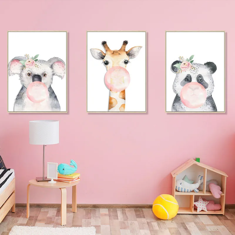 Cartoon Forest Animal Watercolor Photo Frame Triptych  Wall Self-adhesive Painting