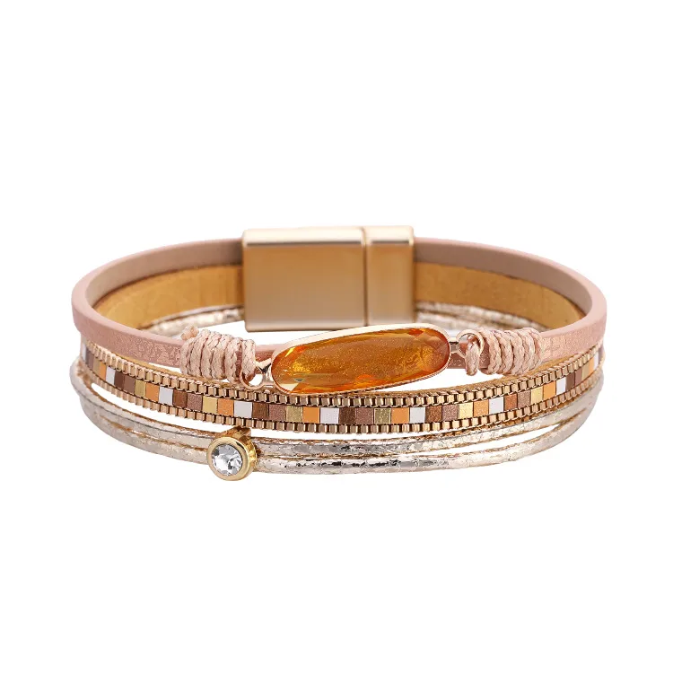 Bohemian Fashion Crystal Magnetic Buckle Leather Bracelet