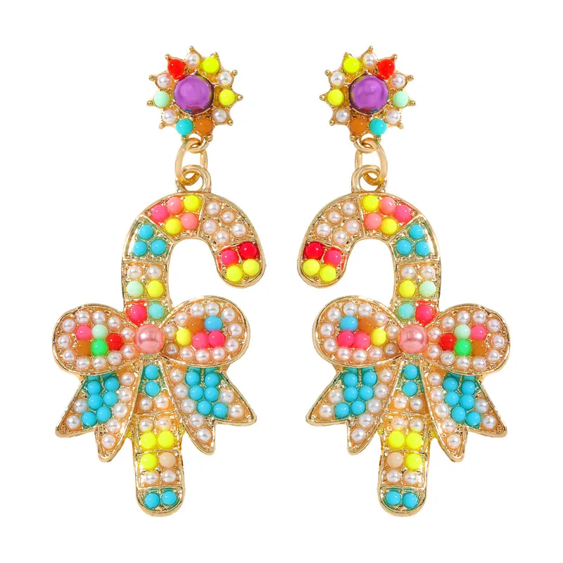 New Christmas Full Diamond Christmas Scepter Rhinestone Bow Earrings