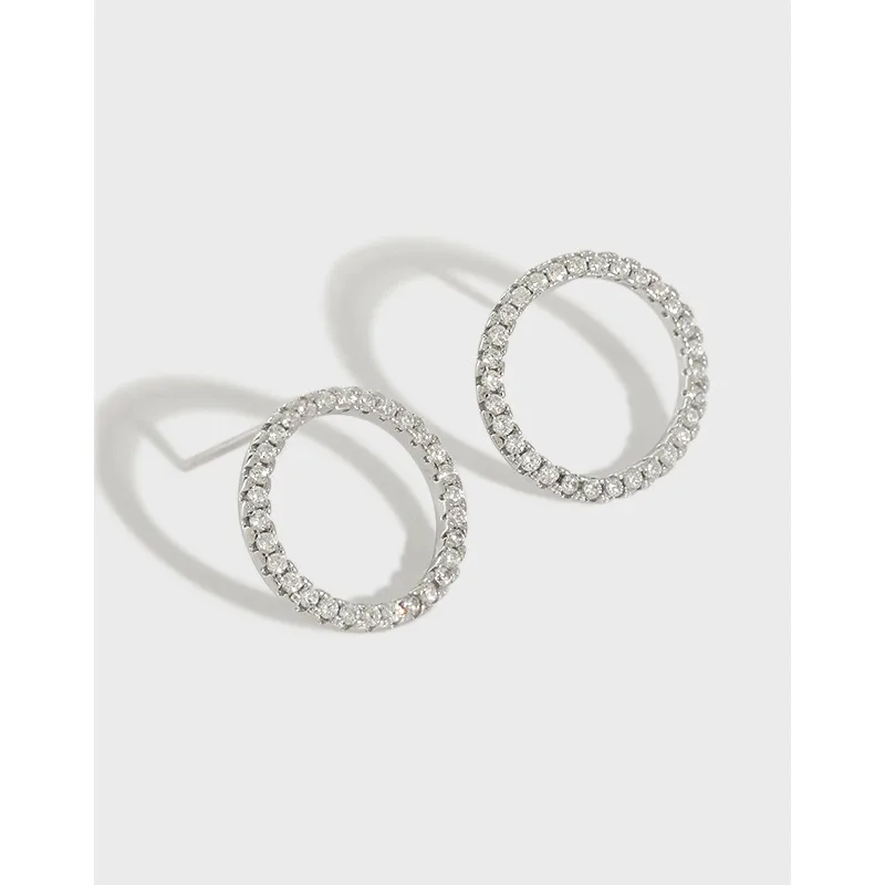 Ea012 Korean Version Of S925 Sterling Silver Micro-inlaid Zircon Hollow Geometric Circle Earrings