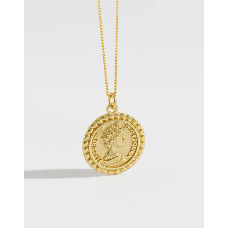 Hxl402 Korean Style S925 Sterling Silver Elizabeth Portrait Coin Short Pendant Clavicle Necklace Charm Women's Silver Jewelry