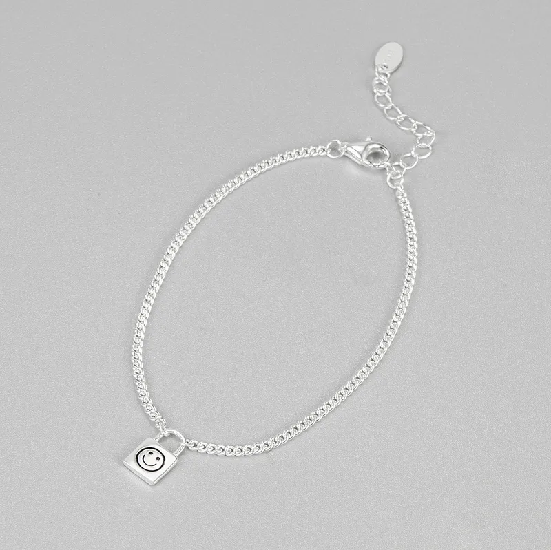 South Korean S925 Sterling Silver Smile Face Small Lock Bracelet Ins Simple Plain Silver Jewelry