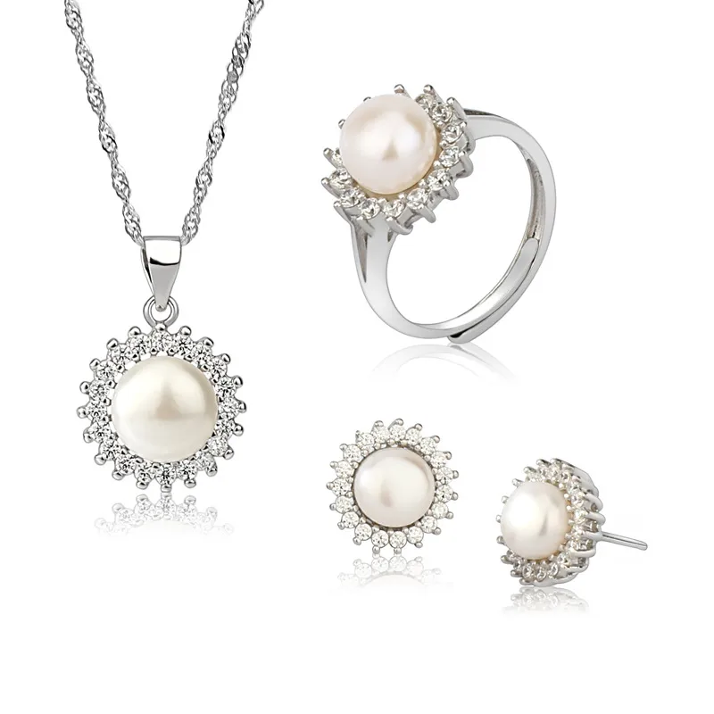 925 Sterling Silver Gem Plating Flower Rings Earrings Necklace