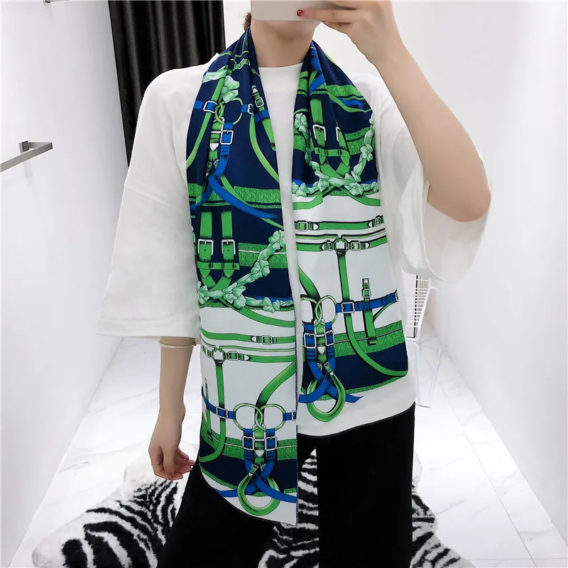 New Belts Metal Buckles Double-layer Printed Silk Scarves Twill Satin Long Silk Scarves