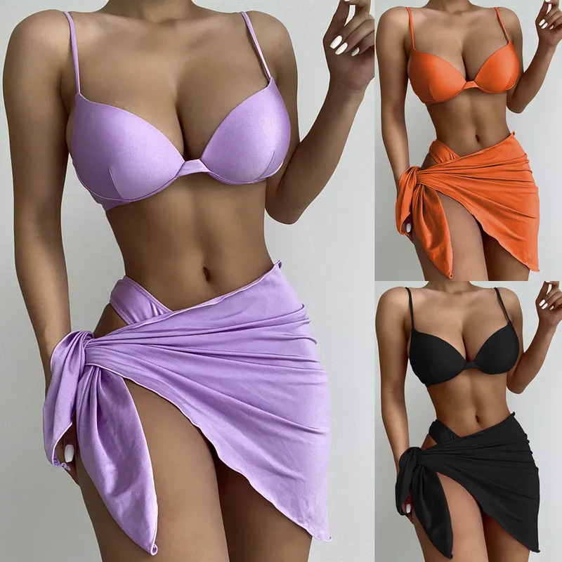 New Three-piece Swimsuit Solid Color Bikini Ladies Swimsuit Gather Swimsuit